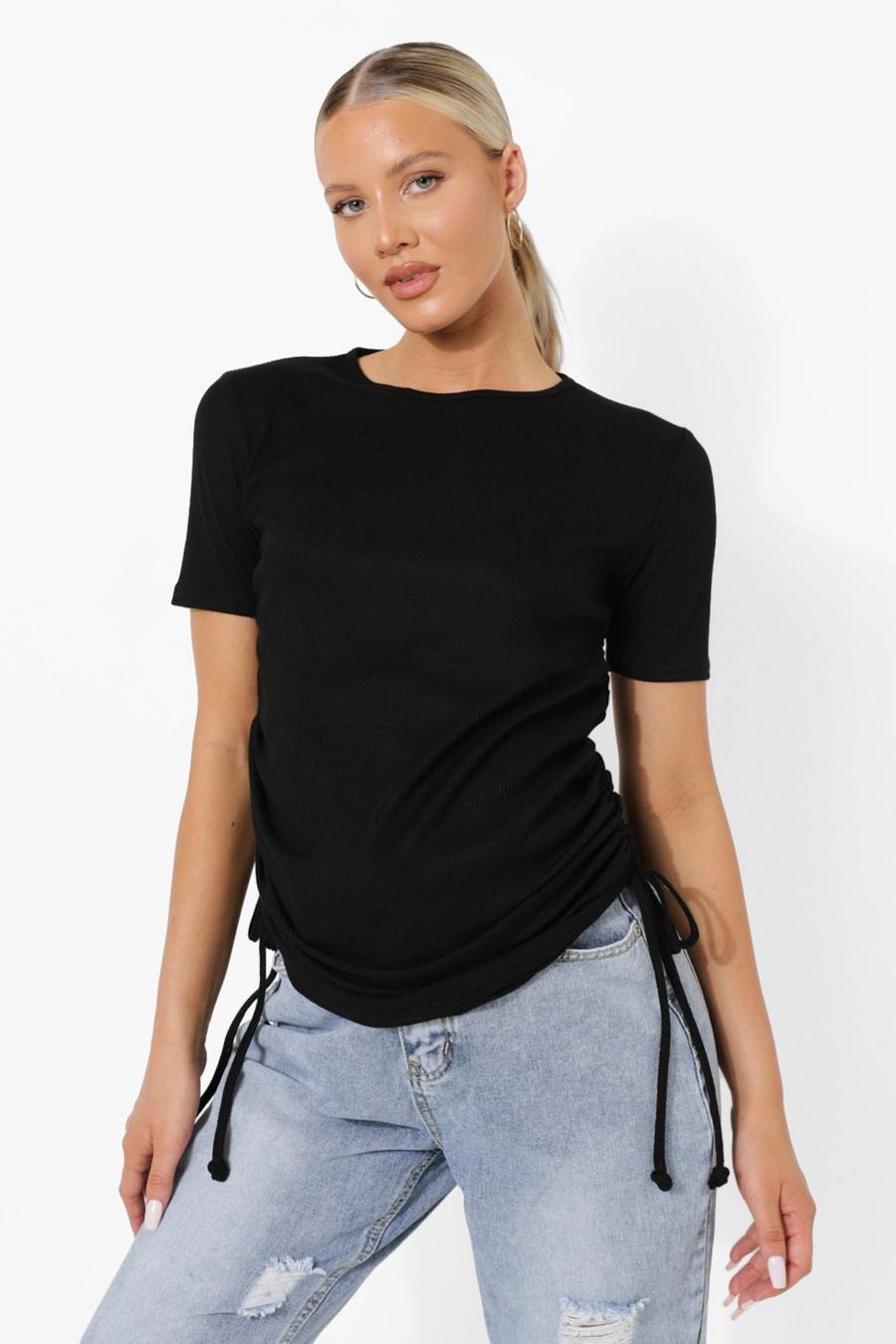 Black Maternity Rib Ruched Side T-shirt image number 1
