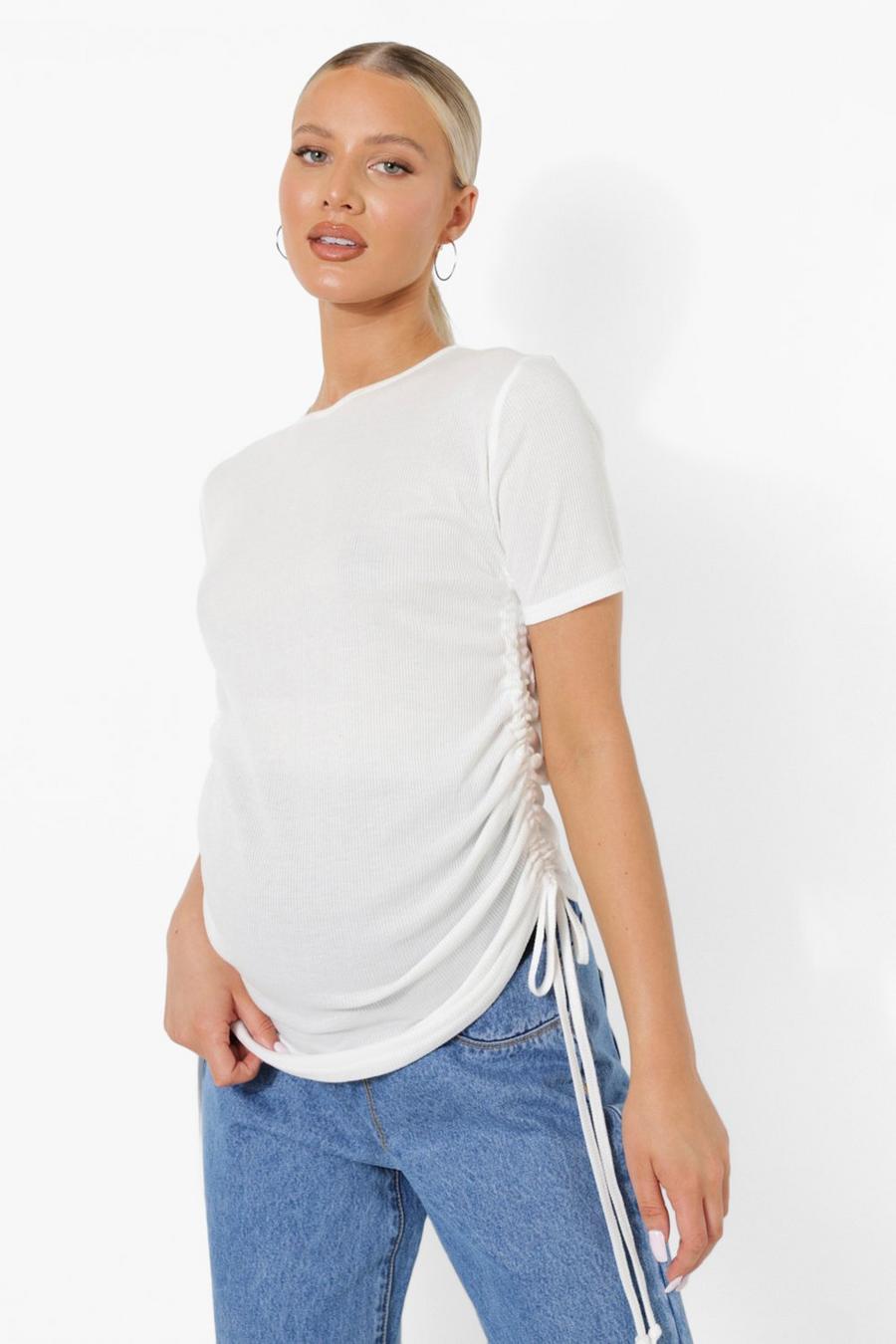 White Maternity Rib Ruched Side T-shirt image number 1