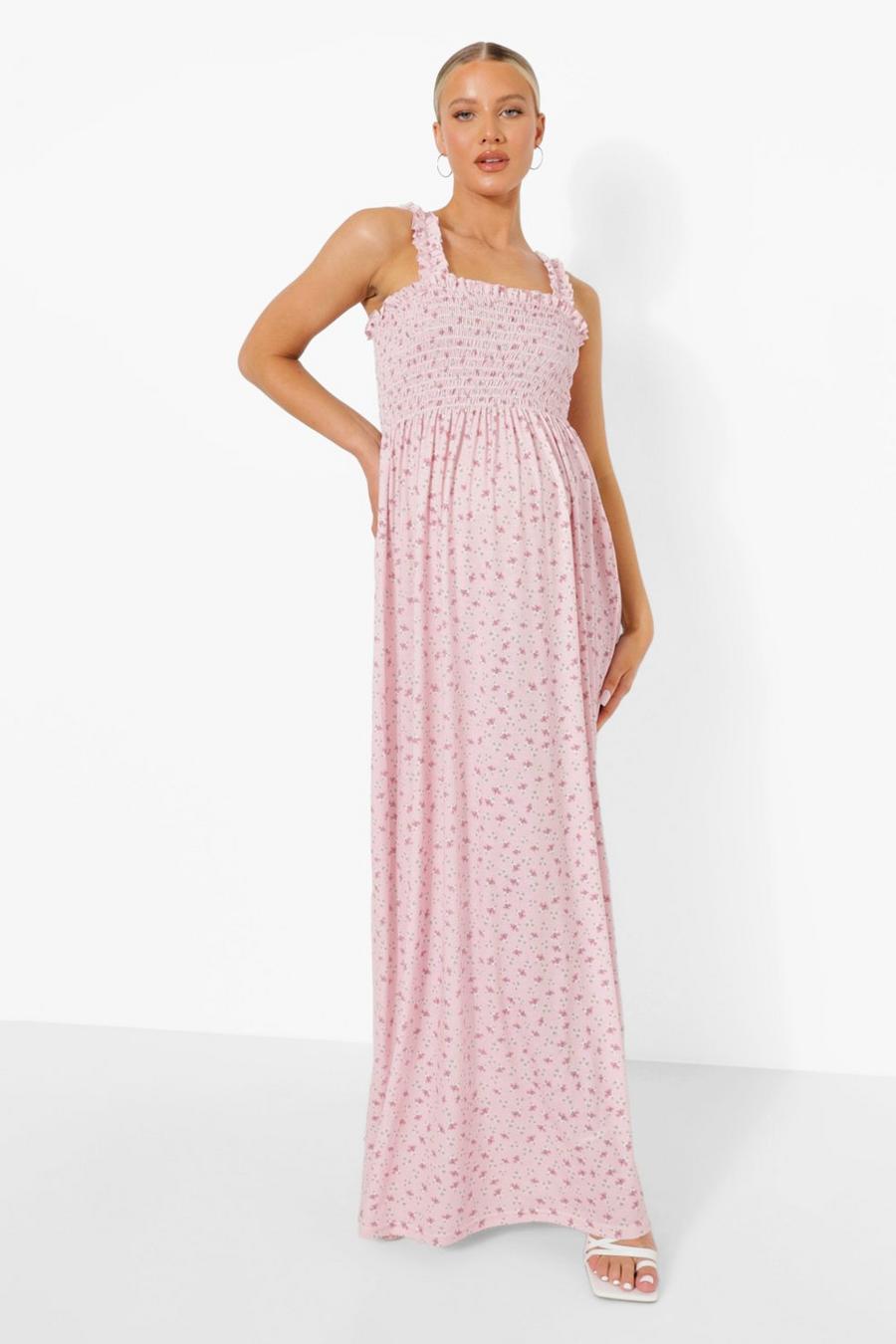 Baby pink Maternity Ditsy Floral Shirred Maxi Dress image number 1