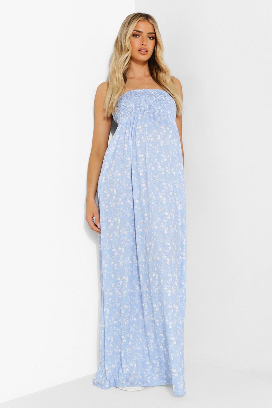 Blue Maternity Ditsy Shirred Maxi Dress image number 1