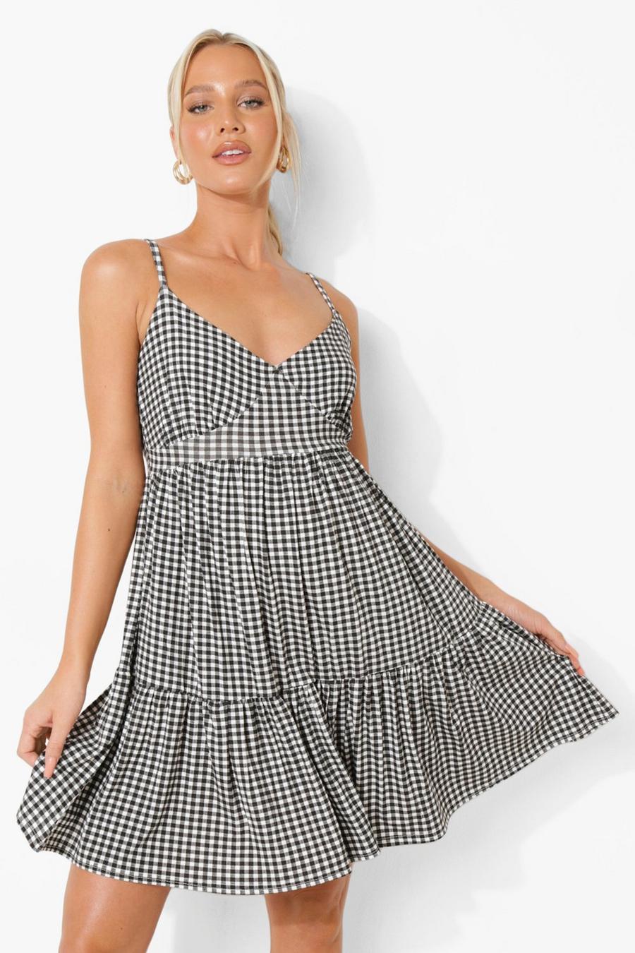 Black Maternity Gingham Strappy Tiered Sundress image number 1
