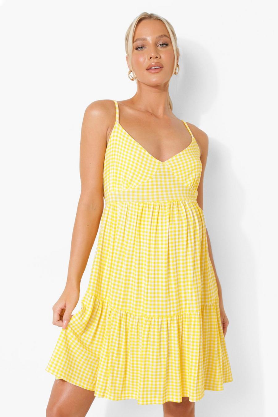 Yellow Maternity Gingham Strappy Tiered Sundress image number 1