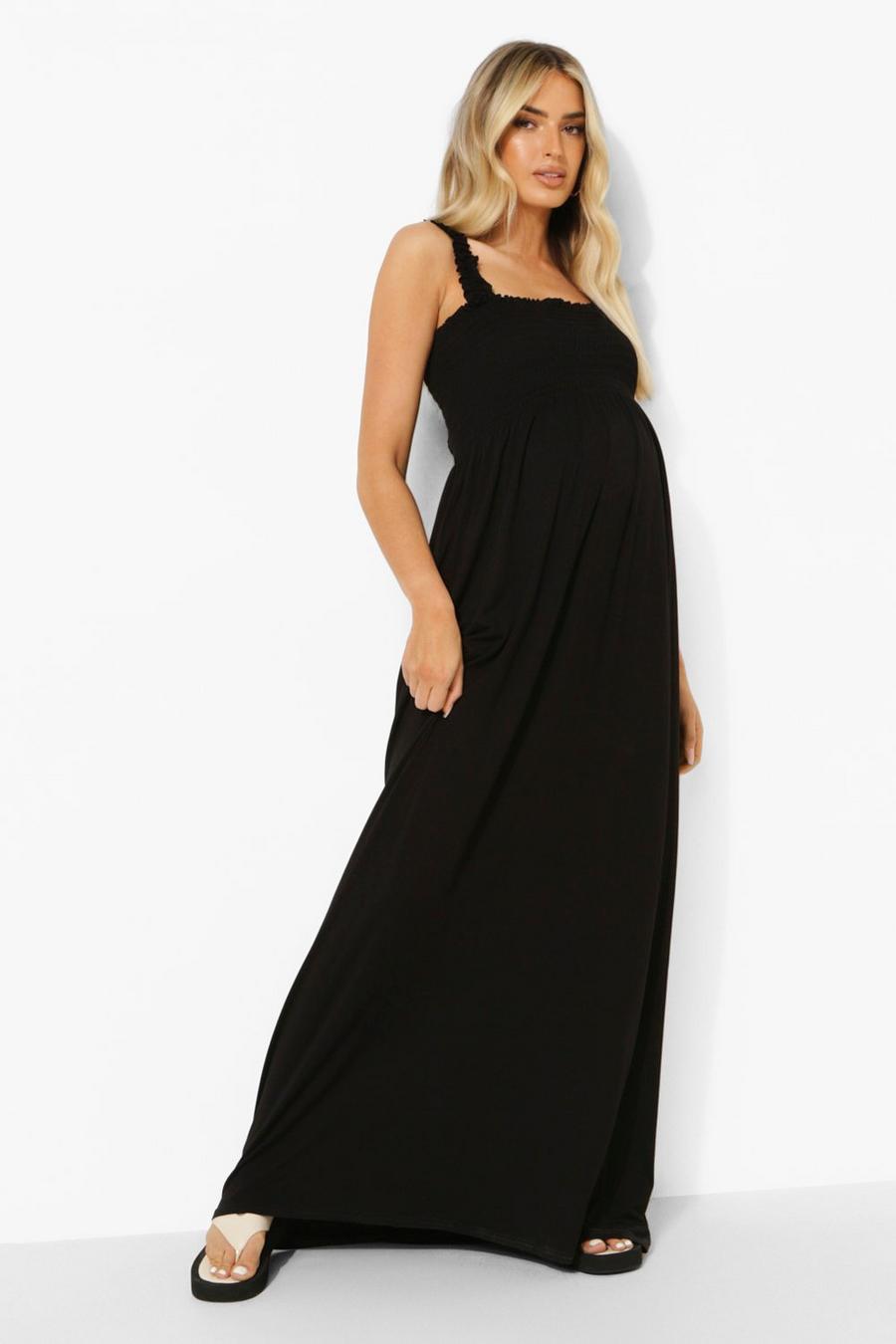 Black Maternity Shirred Shoulder Maxi Dress image number 1