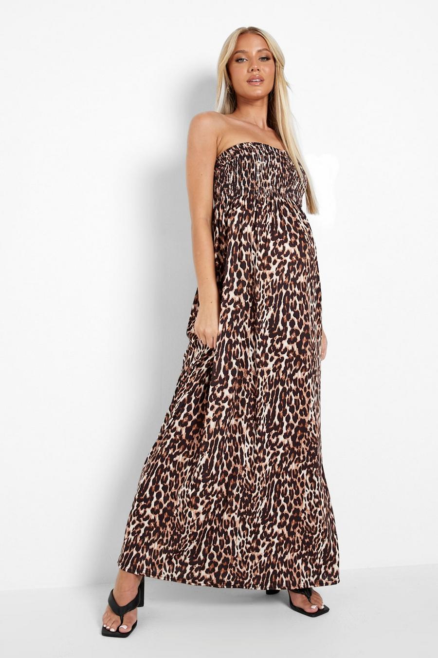 Brown Maternity Leopard Shirred Maxi Dress image number 1