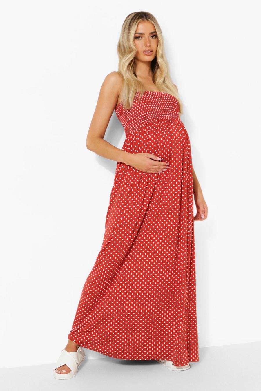 Rust Maternity Polka Dot Shirred Maxi Dress image number 1