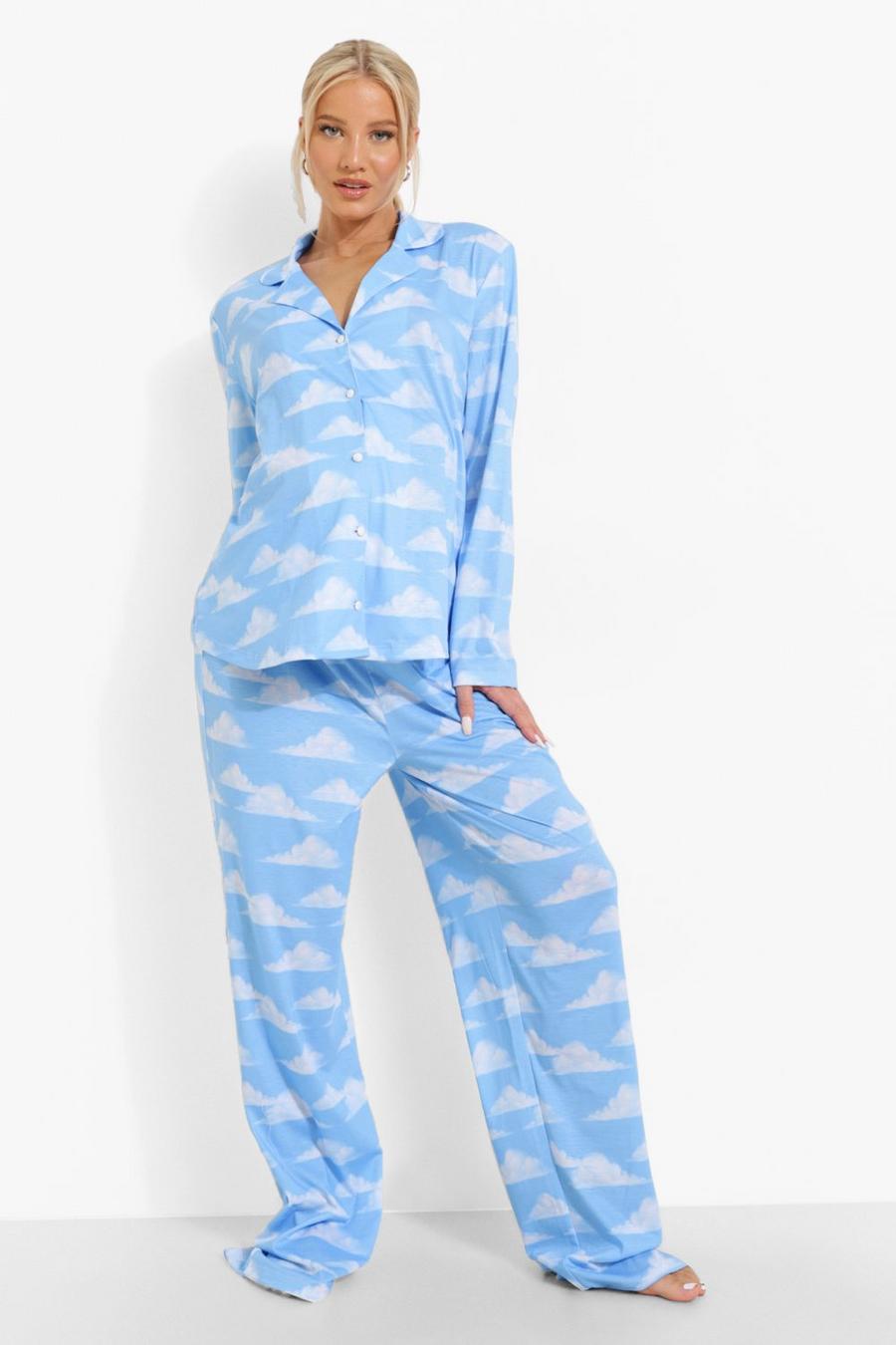 Blue Maternity Cloud Print Pajama Pants Set image number 1
