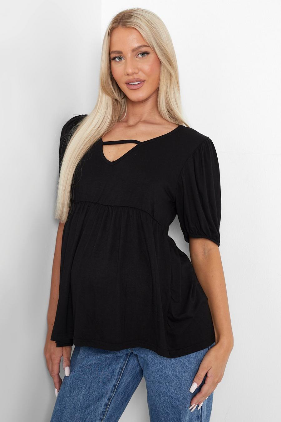 Black Maternity Puff Sleeve Smock Top image number 1
