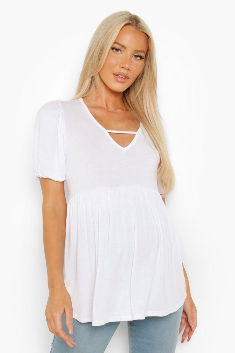White Maternity Puff Sleeve Smock Top image number 1