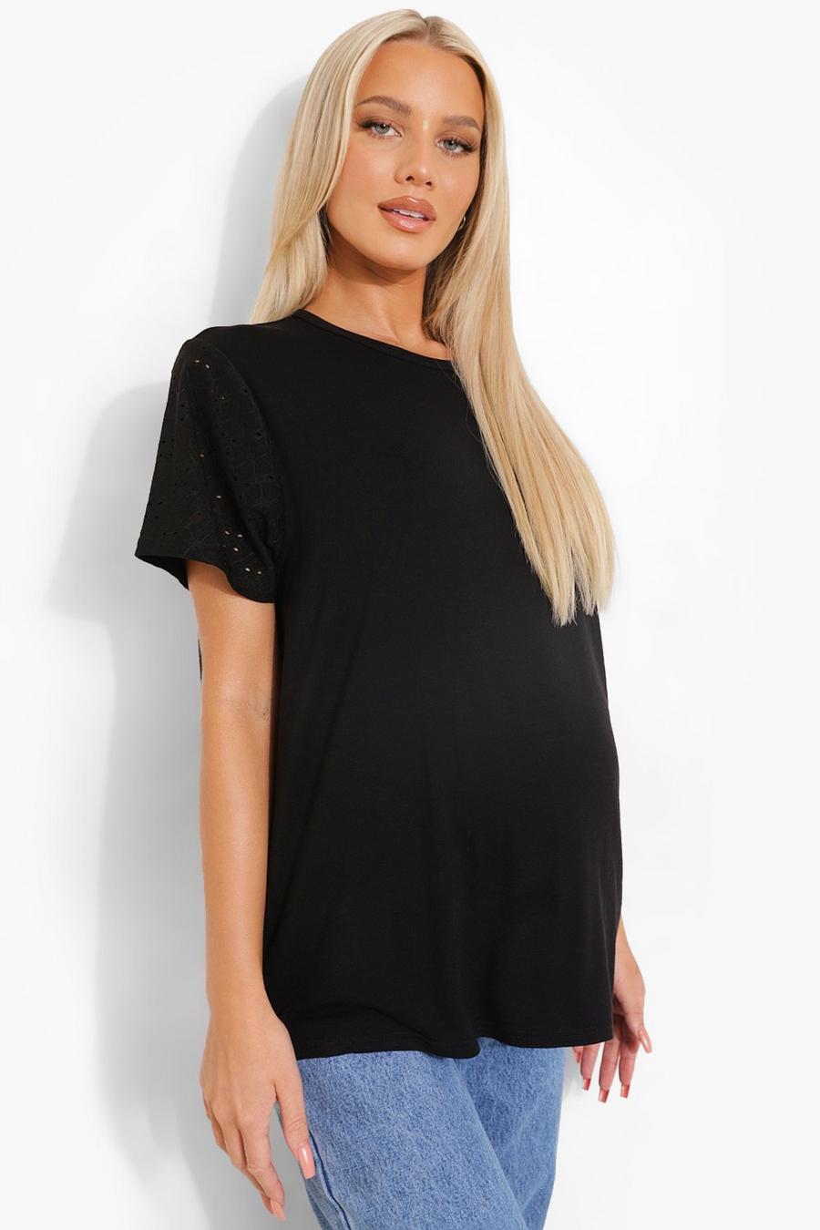 Black Maternity Broderie Sleeve T-shirt image number 1
