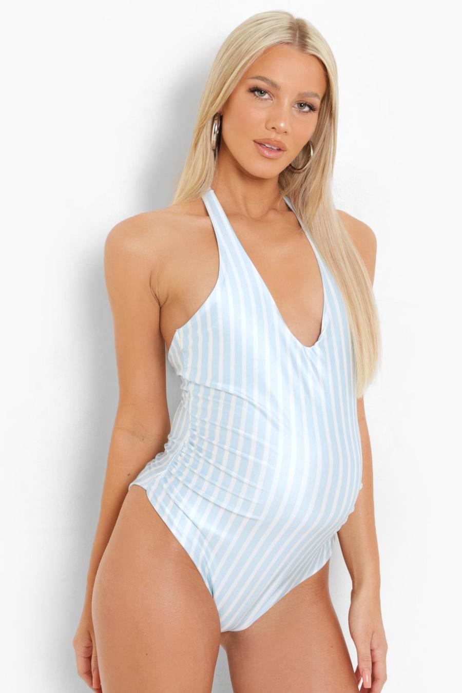Blue Maternity Stripe Halterneck Swimsuit