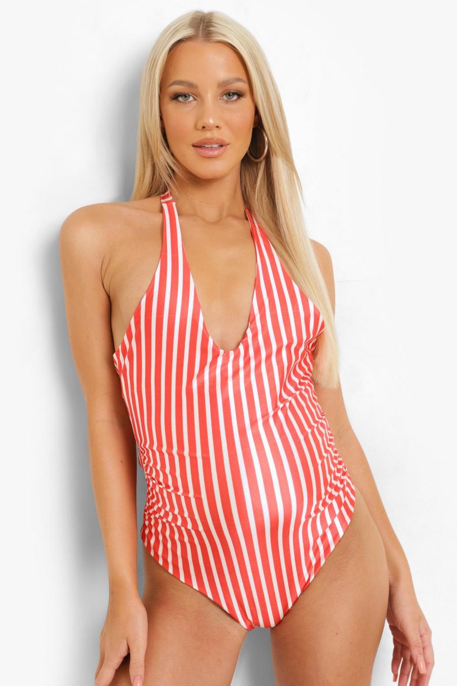 Red Maternity Stripe Halterneck Swimsuit image number 1