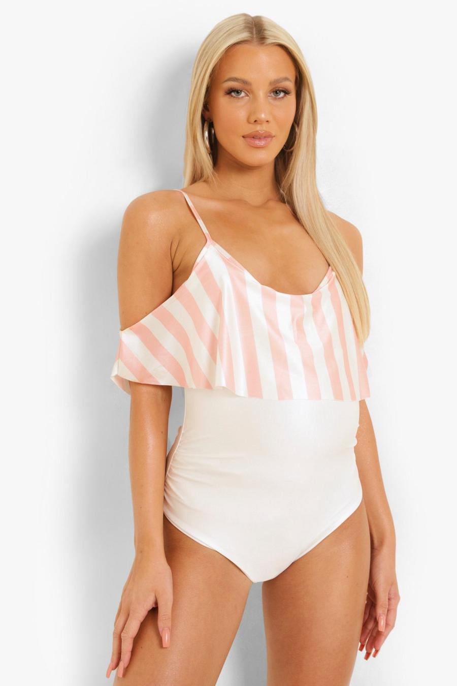 Pink Maternity Contrast Stripe Overlay Swimsuit image number 1