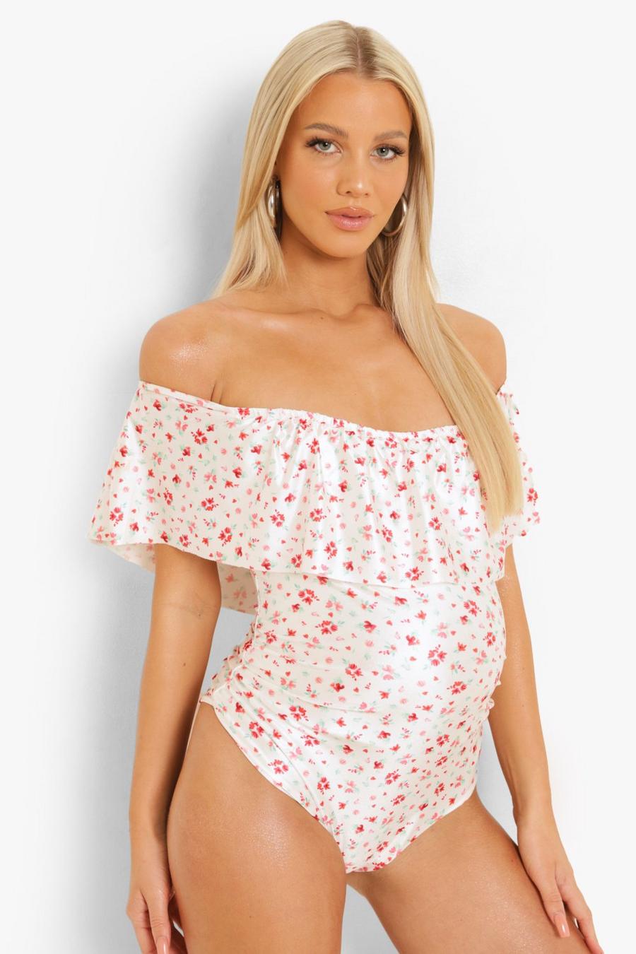 White Maternity Ditsy Floral Off The Shoulder Swimsuit image number 1