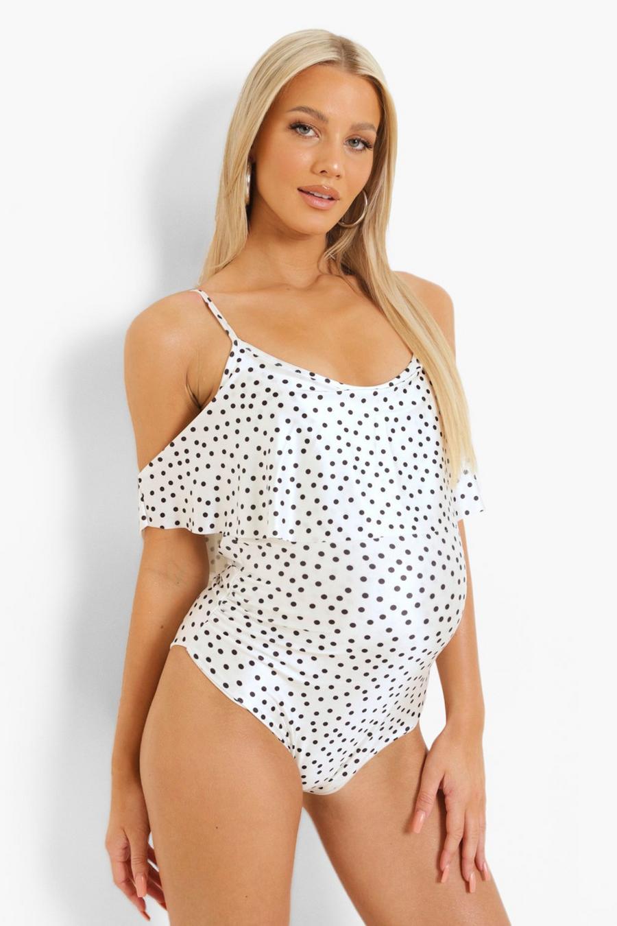 White Maternity Polka Dot Cold Shoulder Swimsuit image number 1