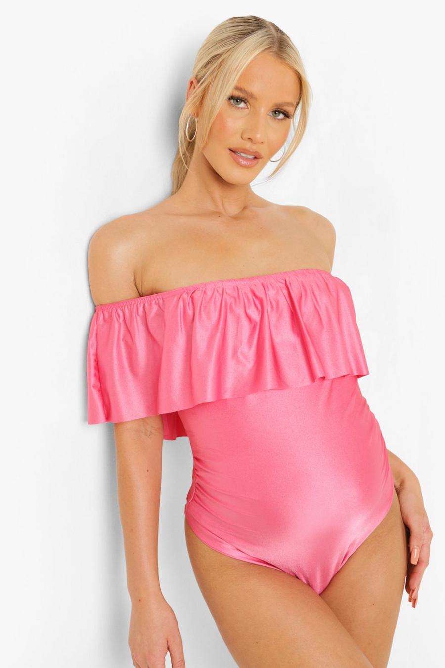 Hot pink Maternity Bardot Overlay Swimsuit image number 1