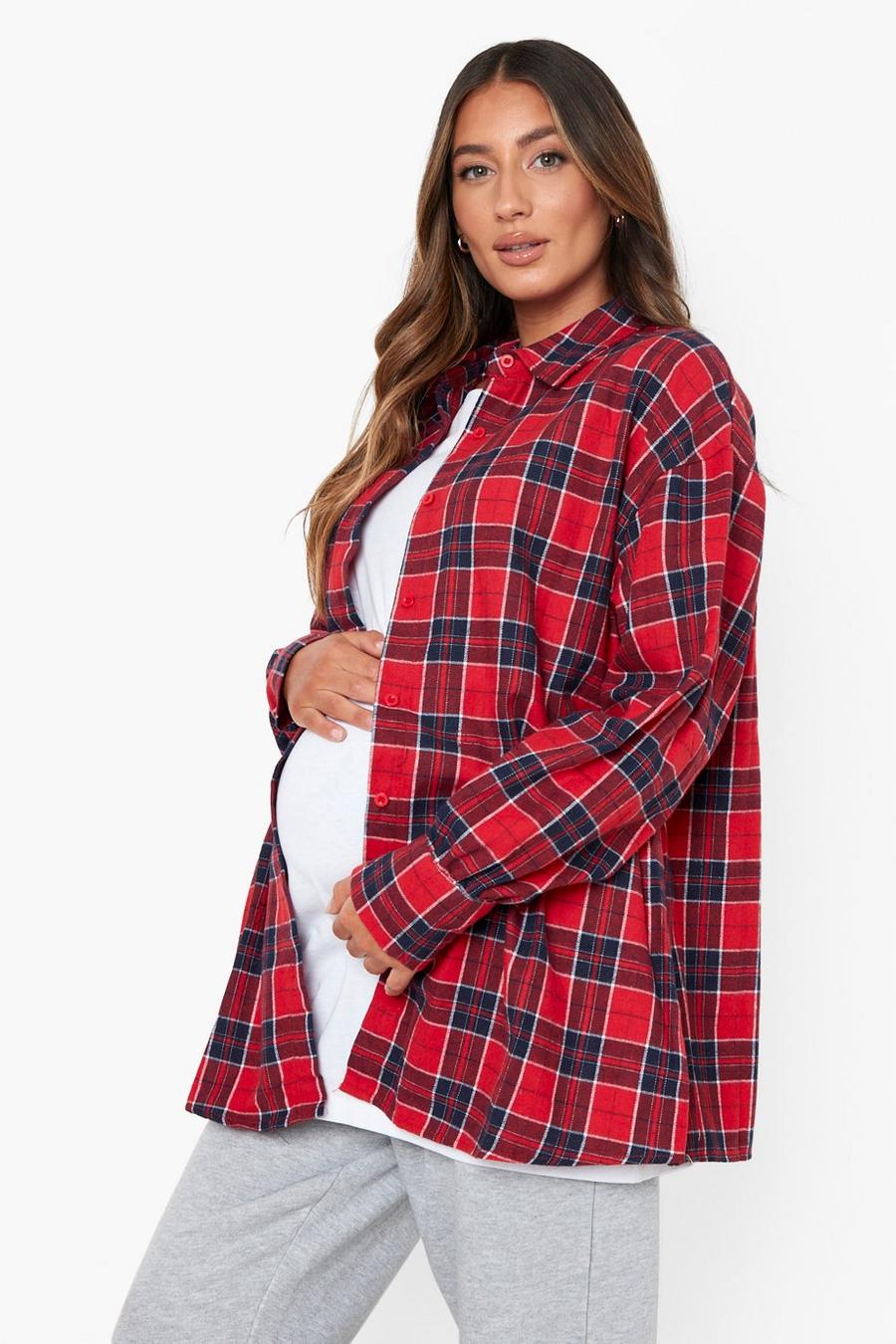 Red Maternity Oversized Check Shirt image number 1