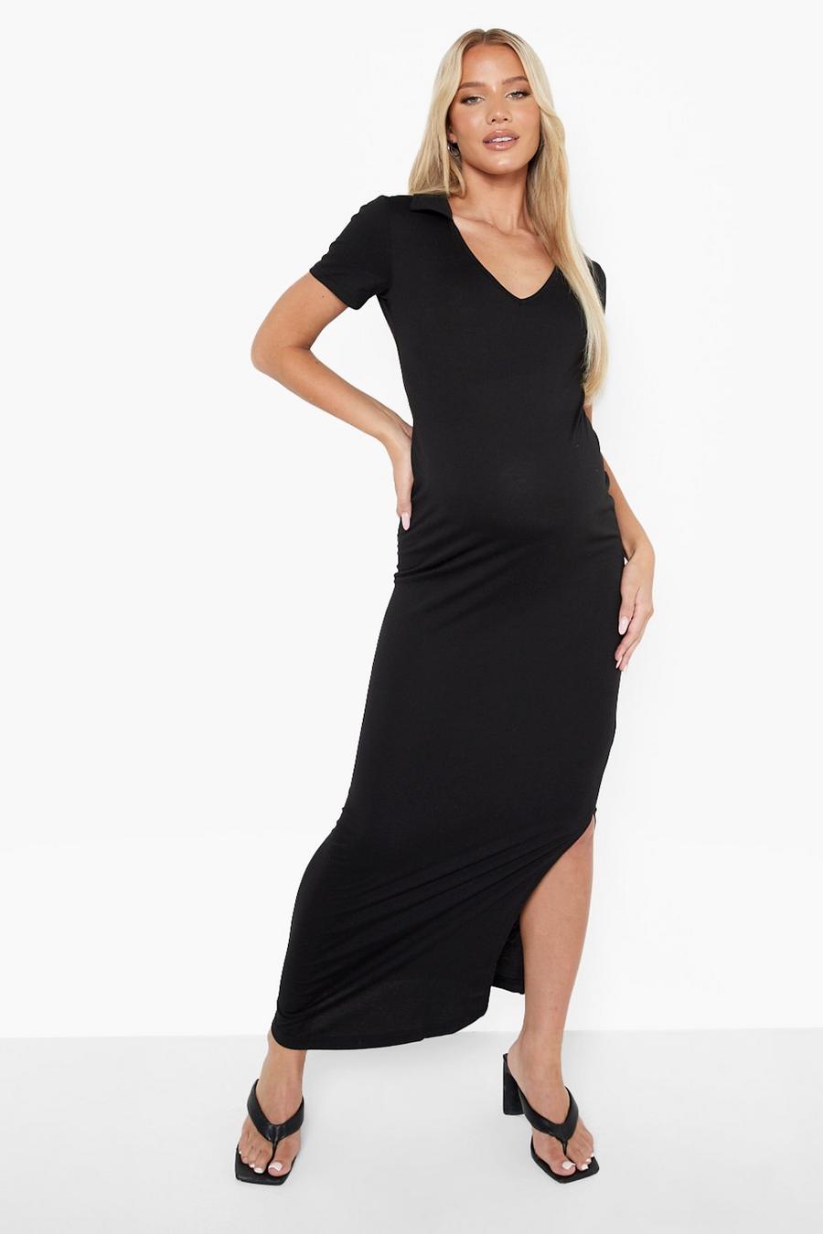 Black Maternity Collar V Neck Maxi Dress image number 1