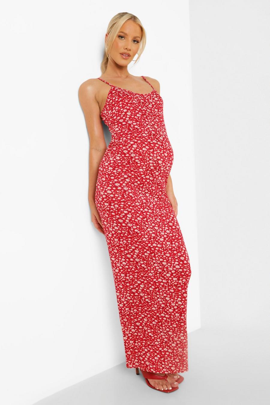 Red Maternity Floral Strappy Maxi Dress image number 1