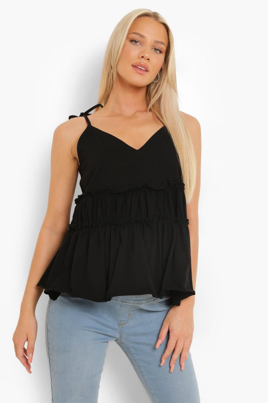 Black Maternity Tiered Tie Strap Smock Cami Top image number 1