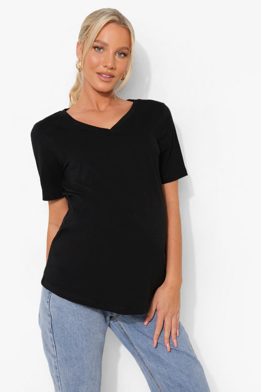 Camiseta Premamá de algodón con escote de pico, Black negro image number 1