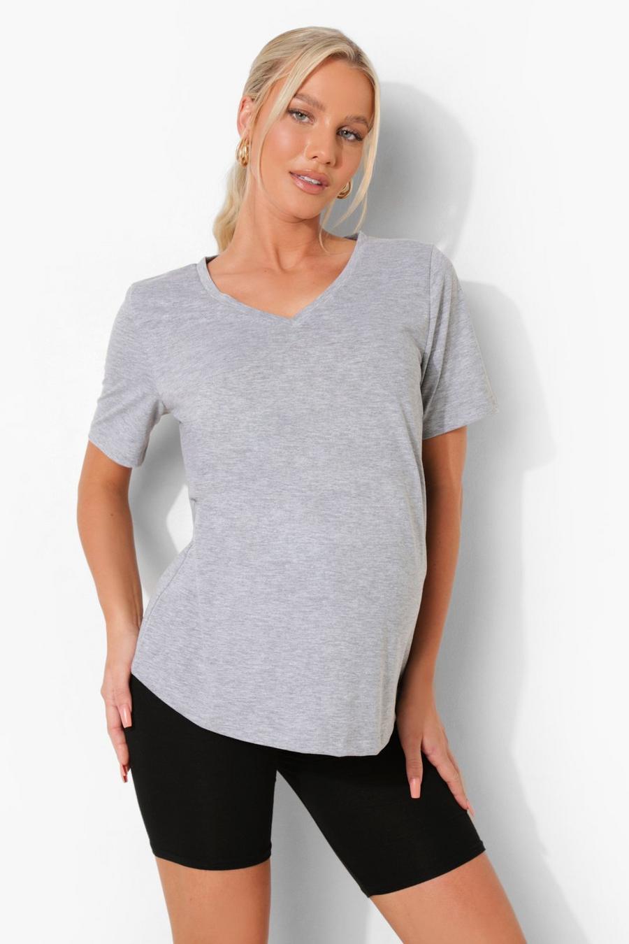 T-shirt Premaman in cotone con scollo a V, Grey marl image number 1
