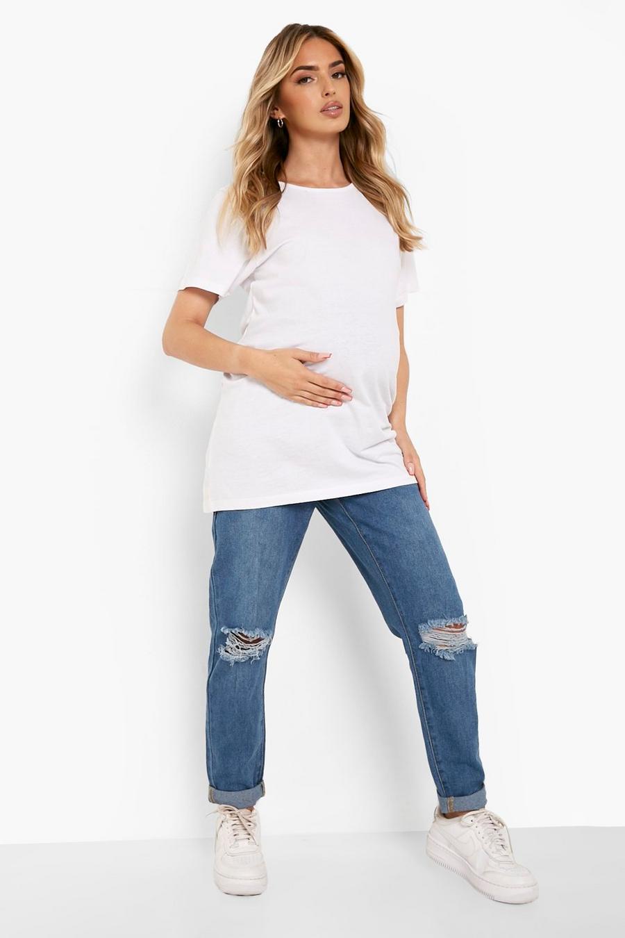 כחול ביניים ג'ינס עם קרעים בגזרת בויפרנד מעל הבטן, להיריון image number 1