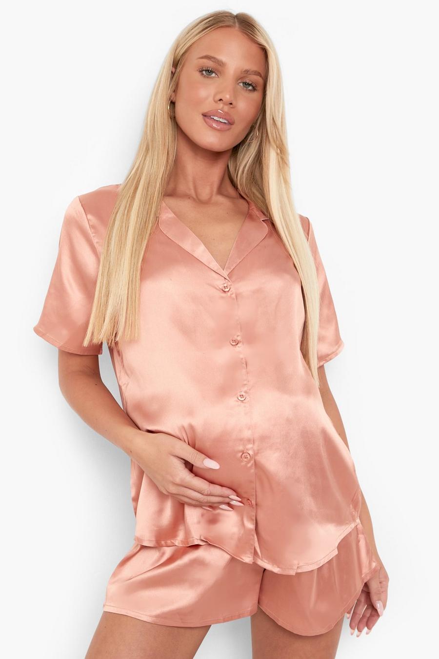 Dusky pink Mammakläder - Pyjamas i satin med knappar och shorts image number 1