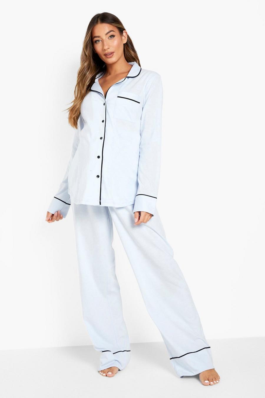 Blue Maternity Jersey Piping Button Pyjama Set image number 1