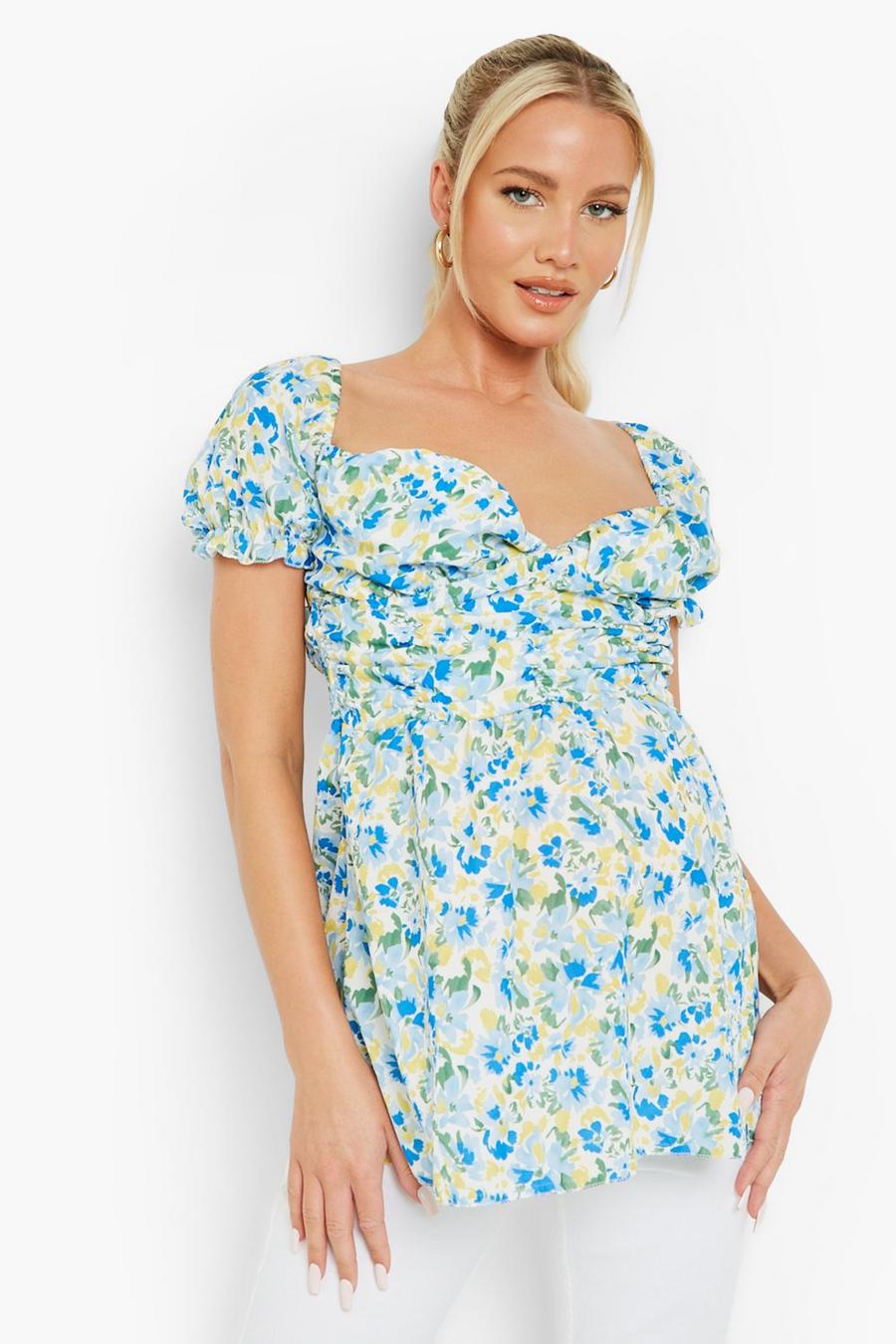 Blue Maternity Floral Puff Sleeve Detail Smock Top image number 1