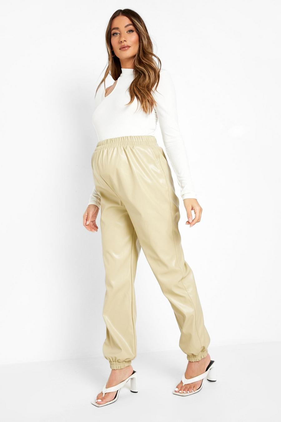 Stone beige Maternity Elasticated Waist Leather Trousers