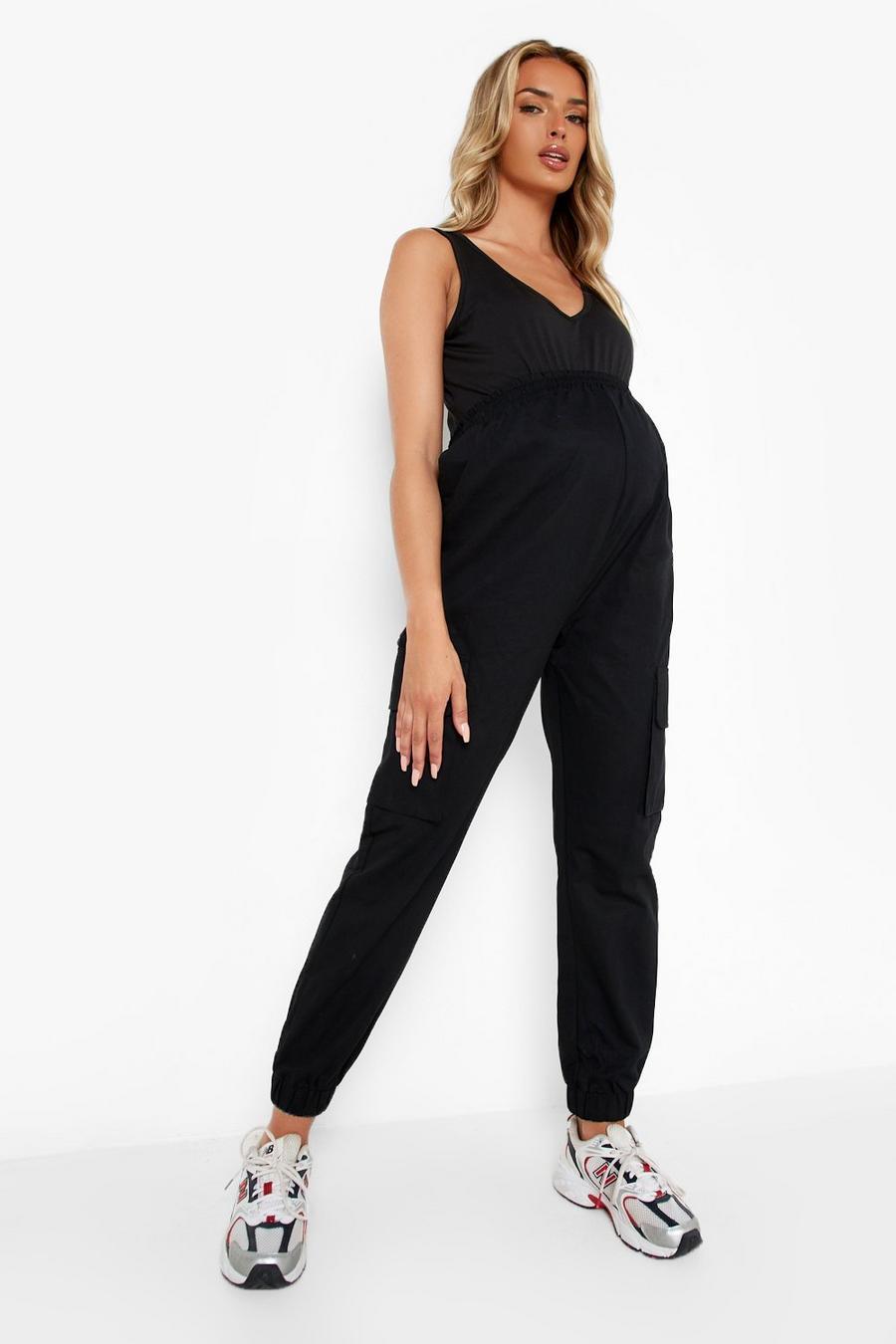 Black Maternity Elasticated Waist Cargo Trousers image number 1