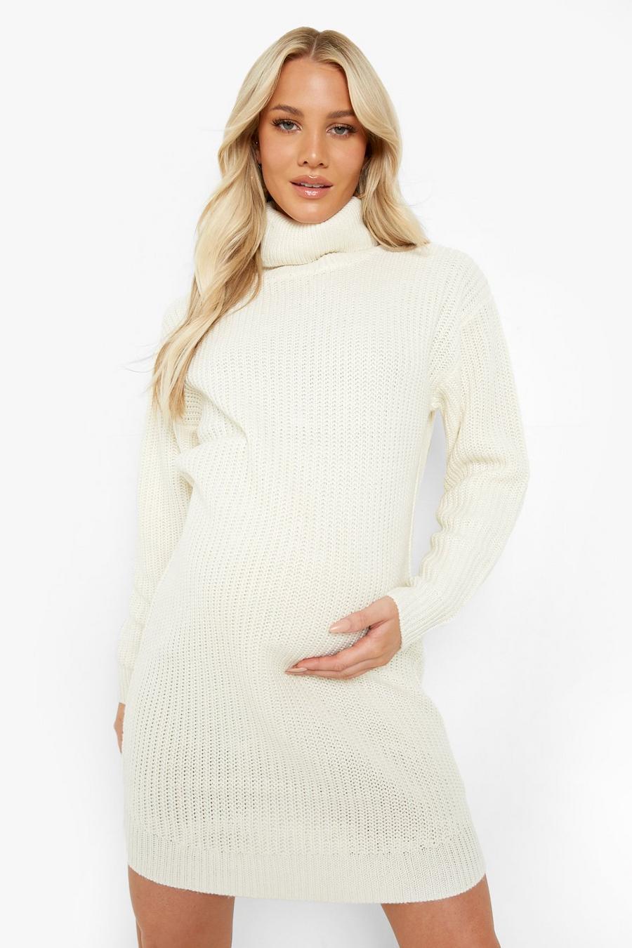 Ecru white Recycled Maternity Turtleneck Sweater Dress