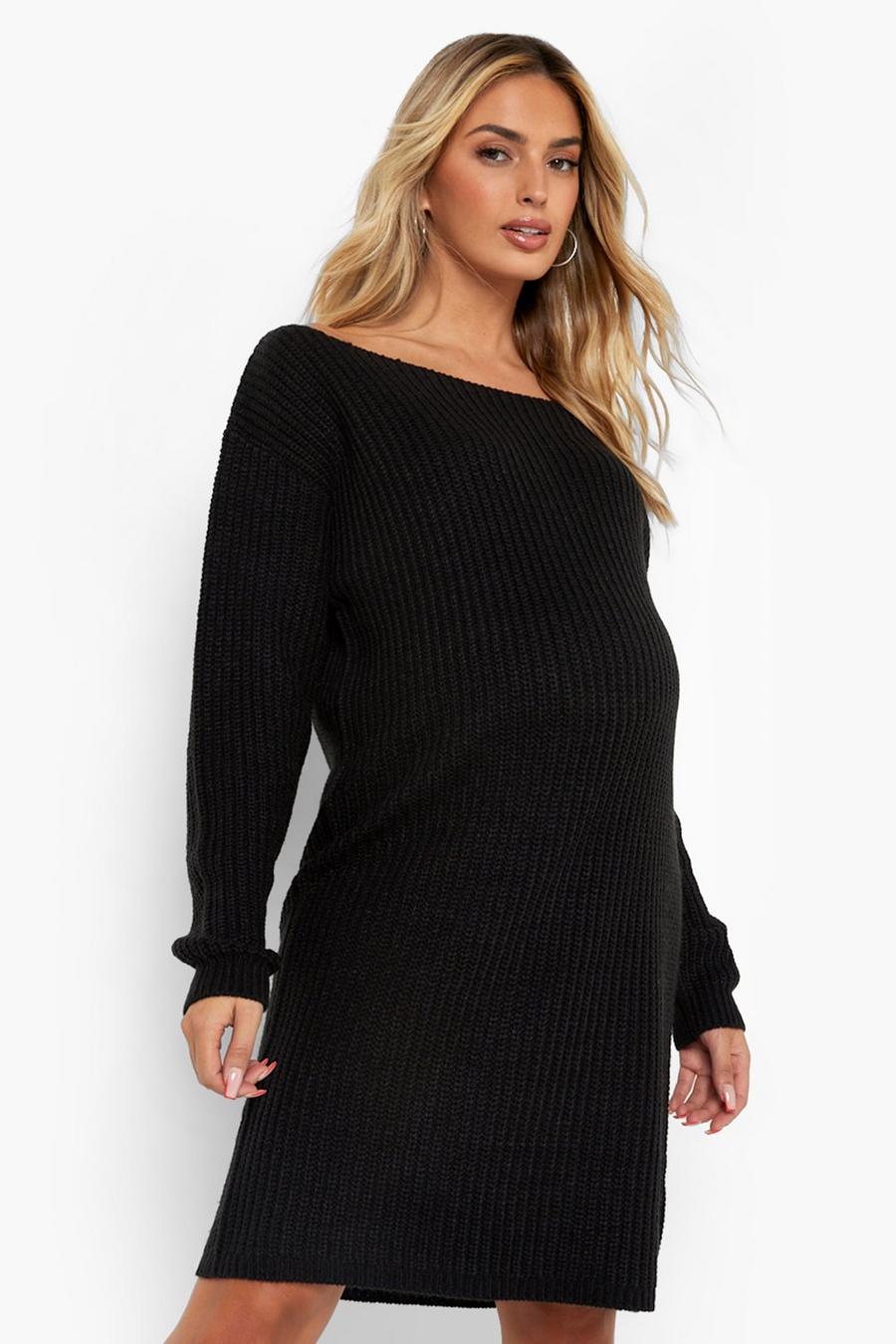 Black Recycled Maternity Slash Neck Sweater Dress