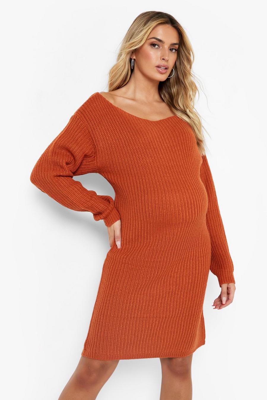 Rust orange Recycled Maternity Slash Neck Sweater Dress
