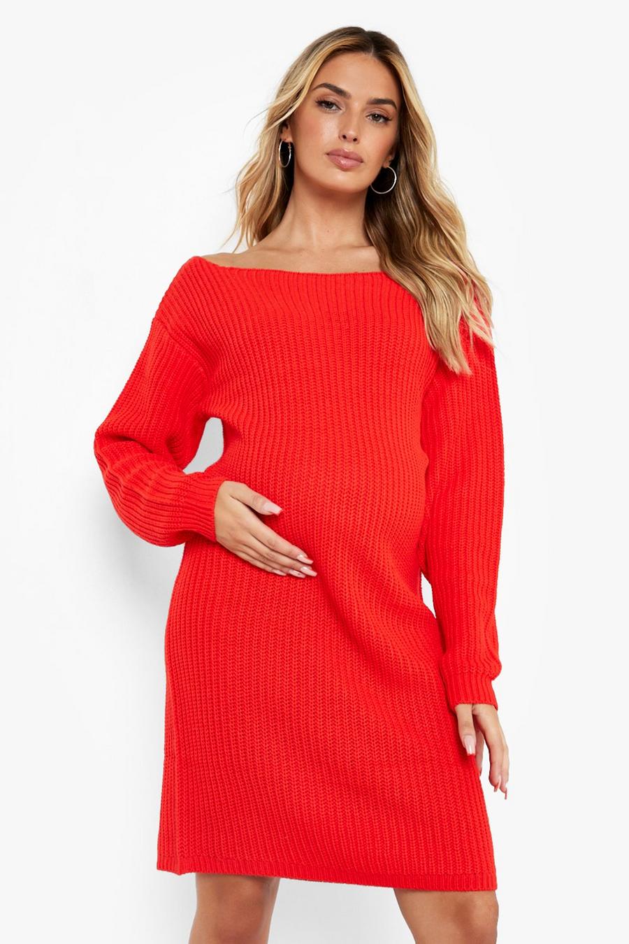 Wine Recycled Maternity Slash Neck Sweater Dress image number 1