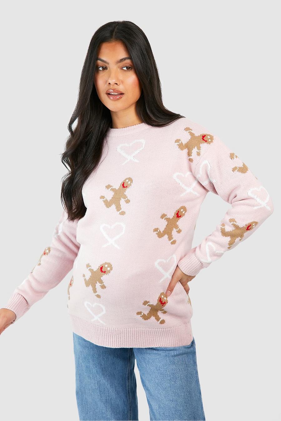 Pink Maternity Candy Gingerbread Christmas Jumper image number 1