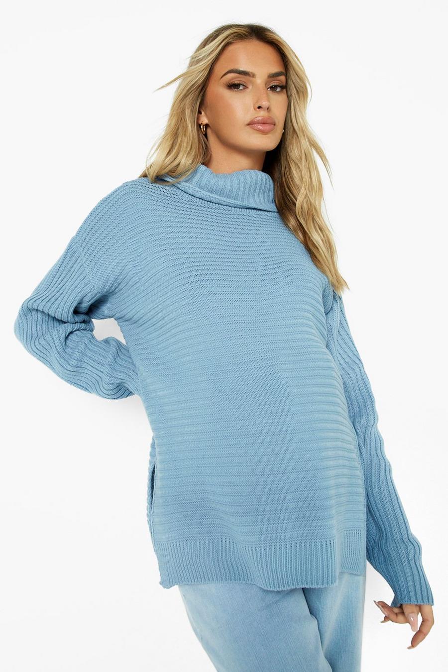 Blue Maternity Turtleneck Side Split Sweater image number 1