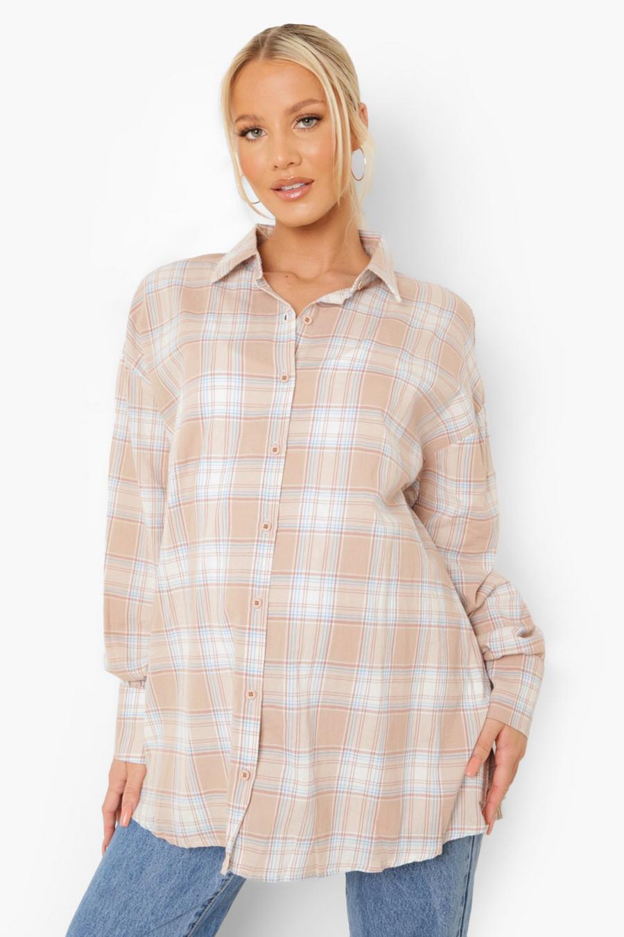 Beige Maternity Oversized Flannel Shirt image number 1
