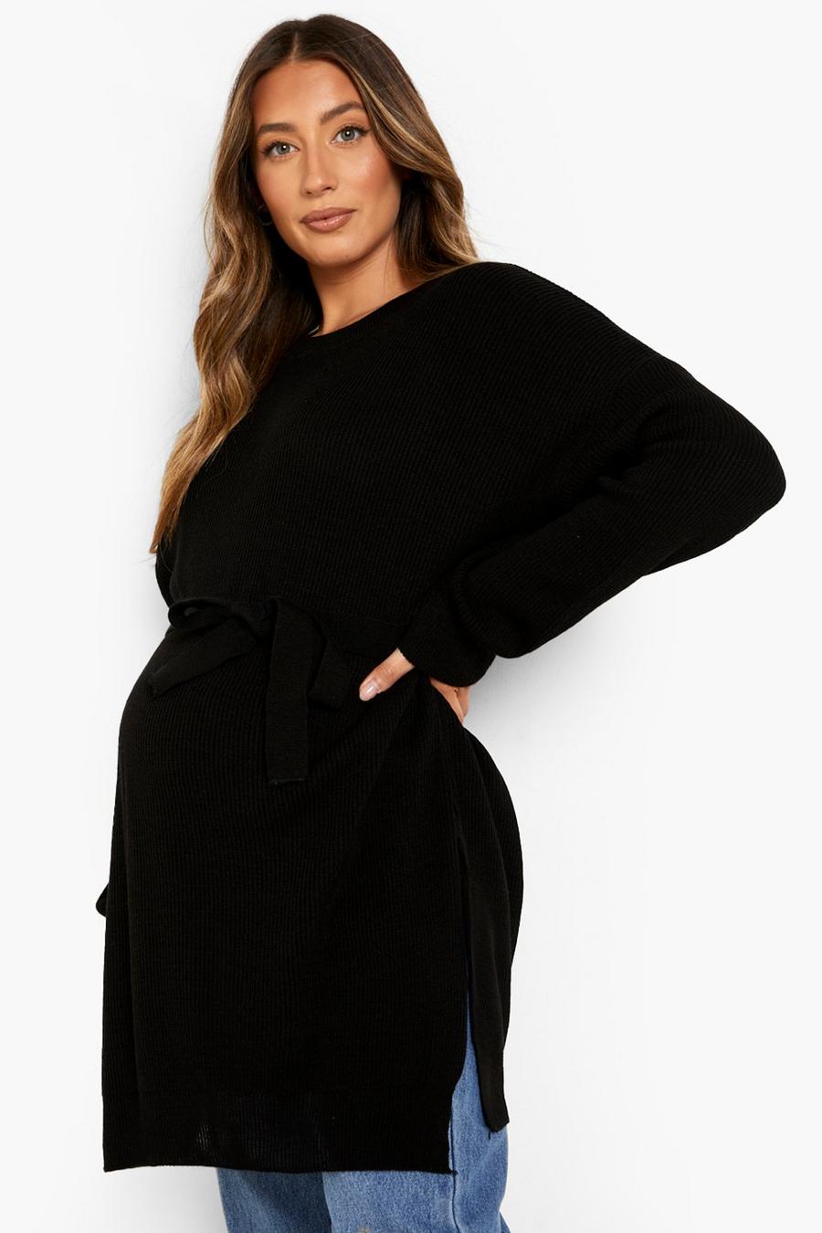 שחור סוודר עם שסע וקשירה במותניים להיריון image number 1