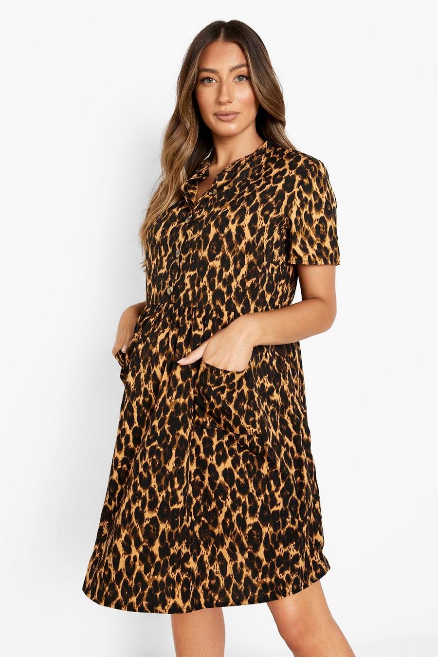 Umstandsmode Leopardenprint Smok-Kleid mit Knopfleiste, Leopard image number 1