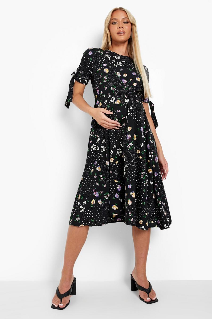 Umstandsmode florales Midi-Kleid mit geschnürten Trägern, Black image number 1