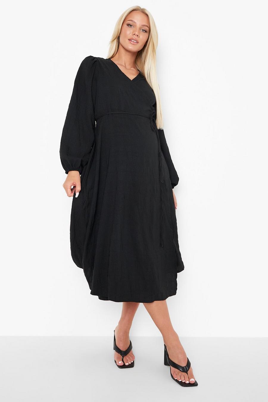 Black Maternity Crinkle Long Sleeve Wrap Midi Dress image number 1