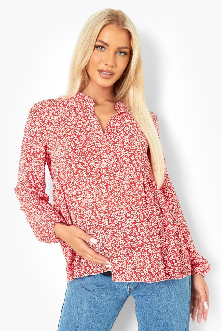 Red Maternity Ditsy Floral Smock Top image number 1