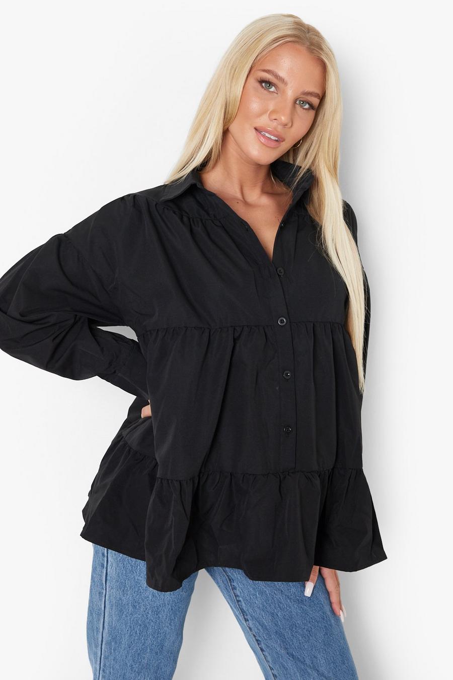 Black Maternity Tiered Long Sleeve Cotton Shirt image number 1