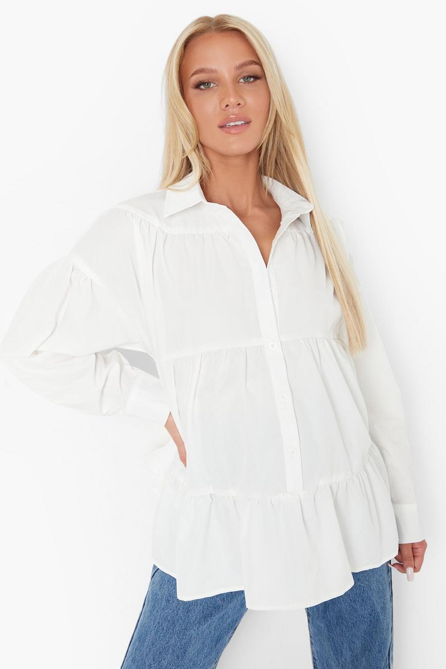 White Maternity Tiered Long Sleeve Cotton Shirt image number 1