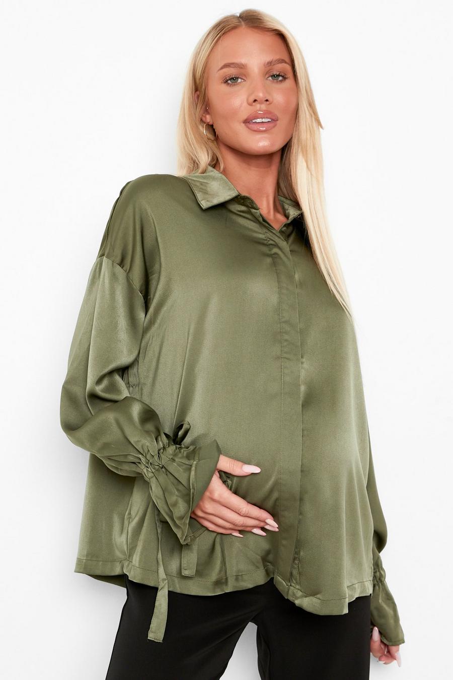 Khaki Maternity Satin Ruched Sleeve Shirt image number 1