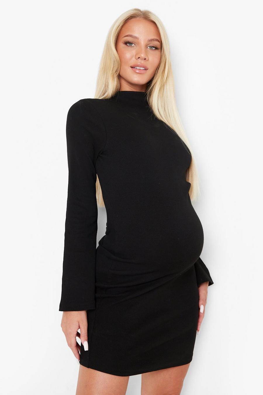 Black Maternity Long Sleeve Rib Mini Dress image number 1