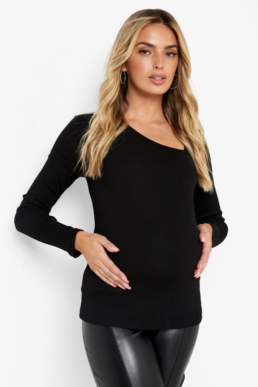 Black Maternity Asymmetric Long Sleeve Rib Top image number 1