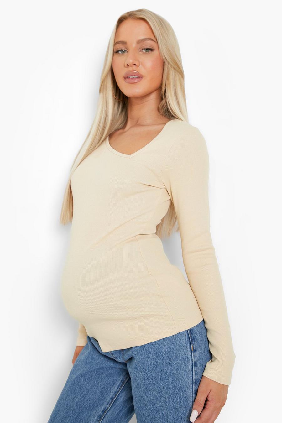 Clay Maternity Asymmetric Long Sleeve Rib Top image number 1
