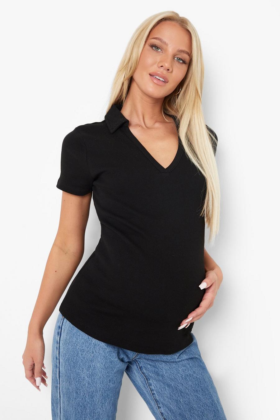 Black Maternity Collared Ribbed Top image number 1